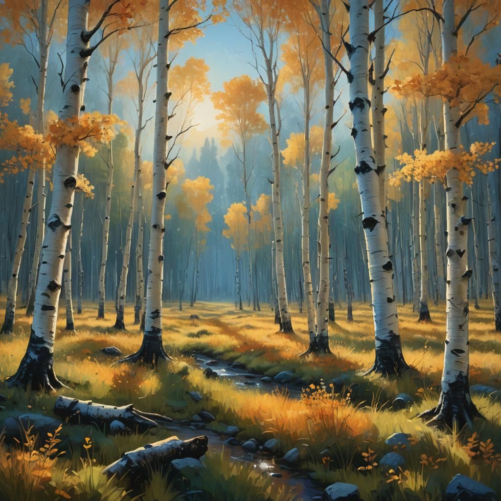 Aspen Forest Oil Painting at Golden Hour
