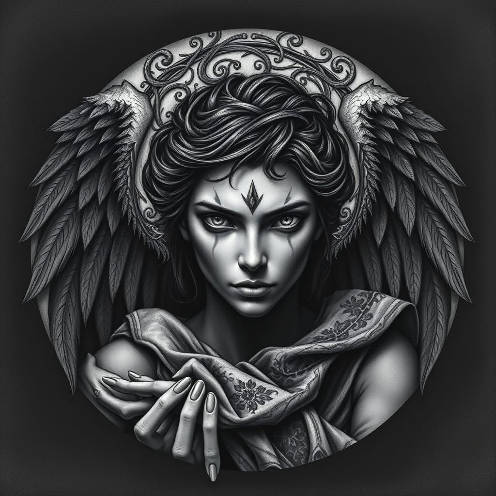 Mysterious Dark Angel in Medieval Illuminated Style