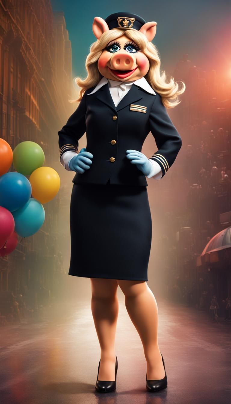 Miss Piggy as Flight Attendant: Hyperrealistic Concept Art