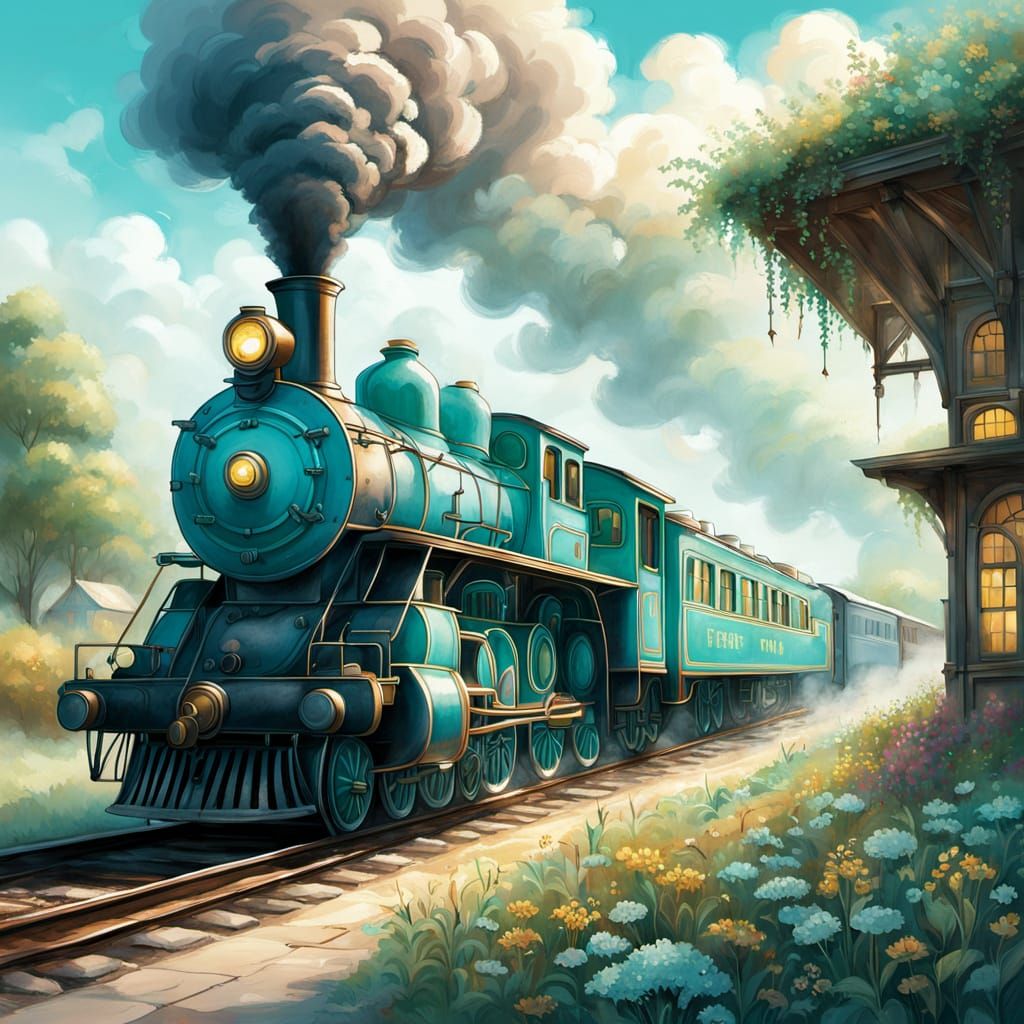 Turquoise Steam Train in Dreamlike Chalk Style