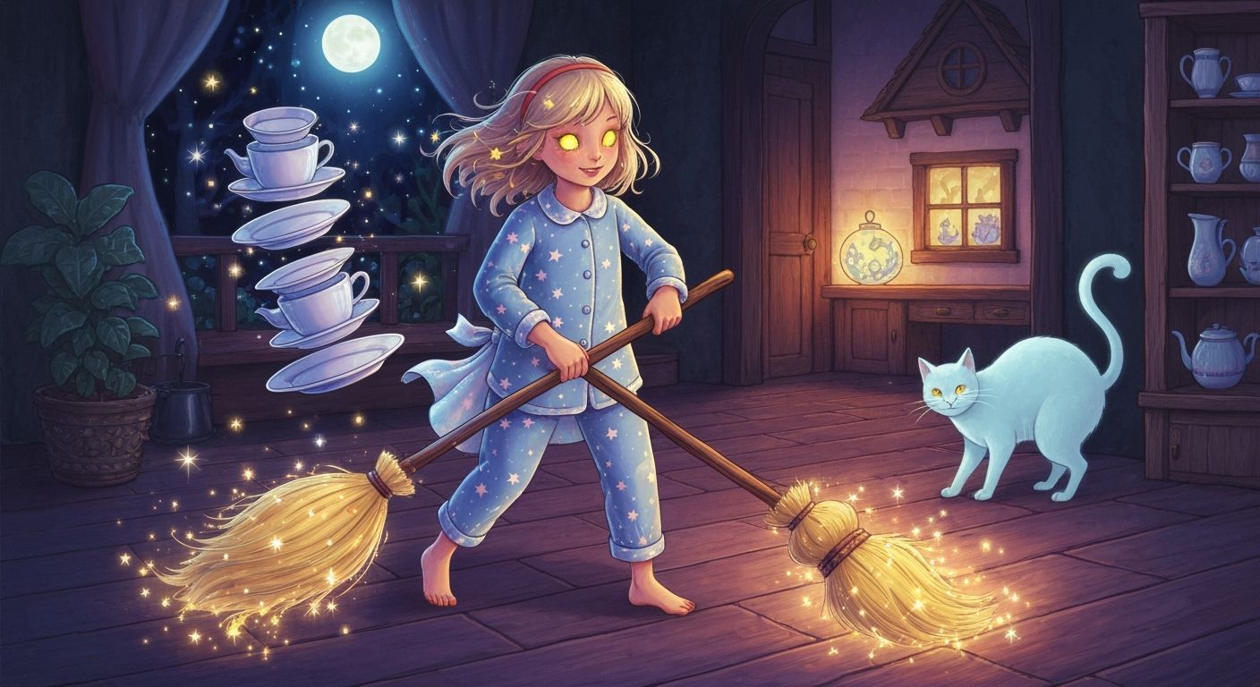 Whimsical Girl's Magical Chores in Moonlit Cottage