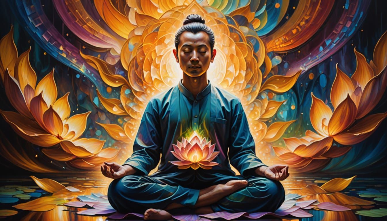 Meditating Figure with Glowing Aura in Surreal Oil Painting