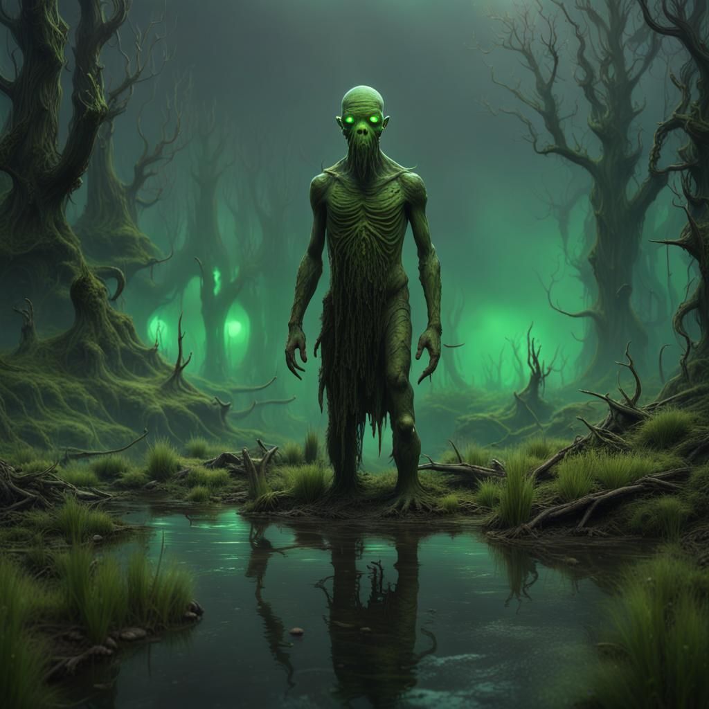 Diseased Humanoid in Glowing Swamp: Fantasy Art