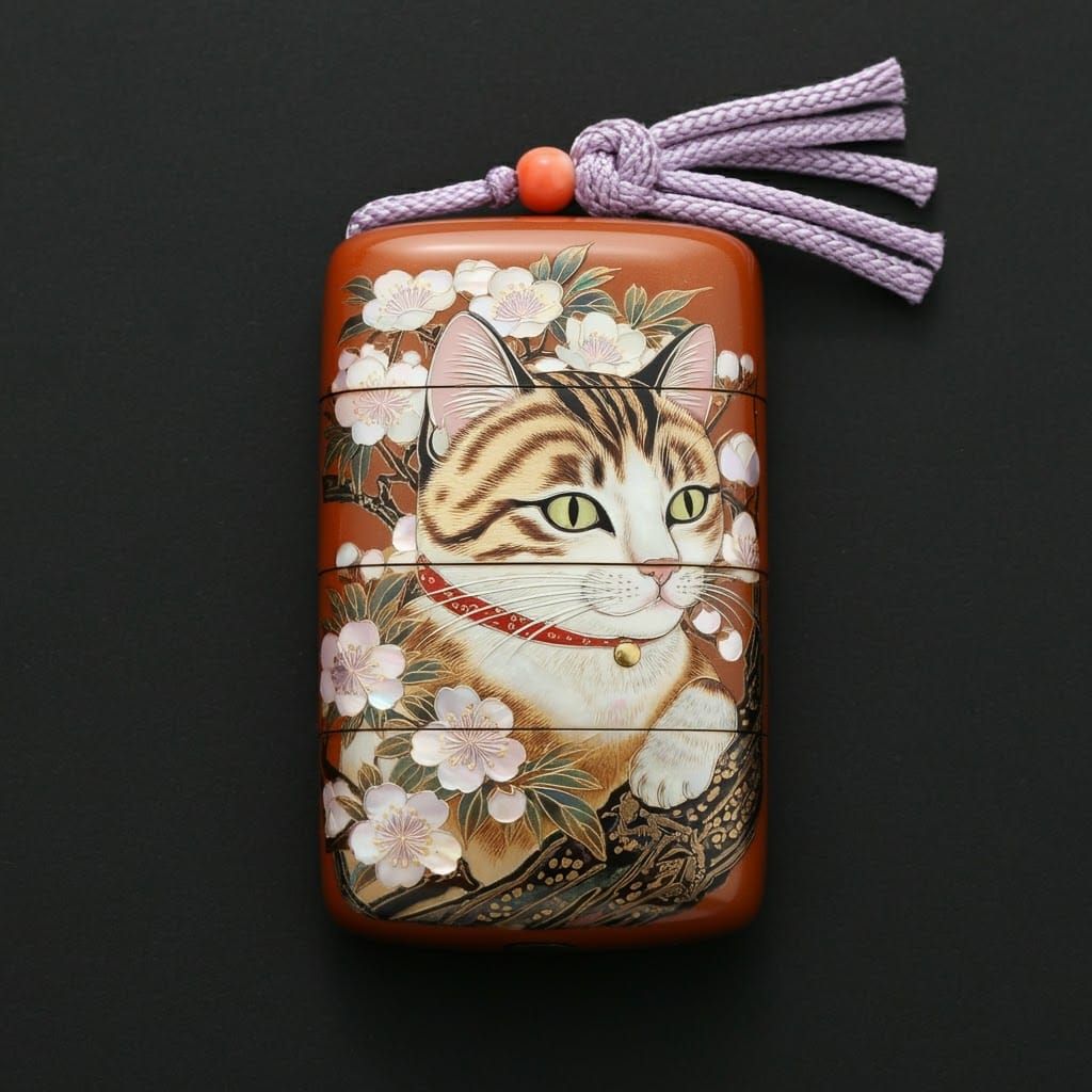 Japanese Inro Case with Cat and Plum Blossoms