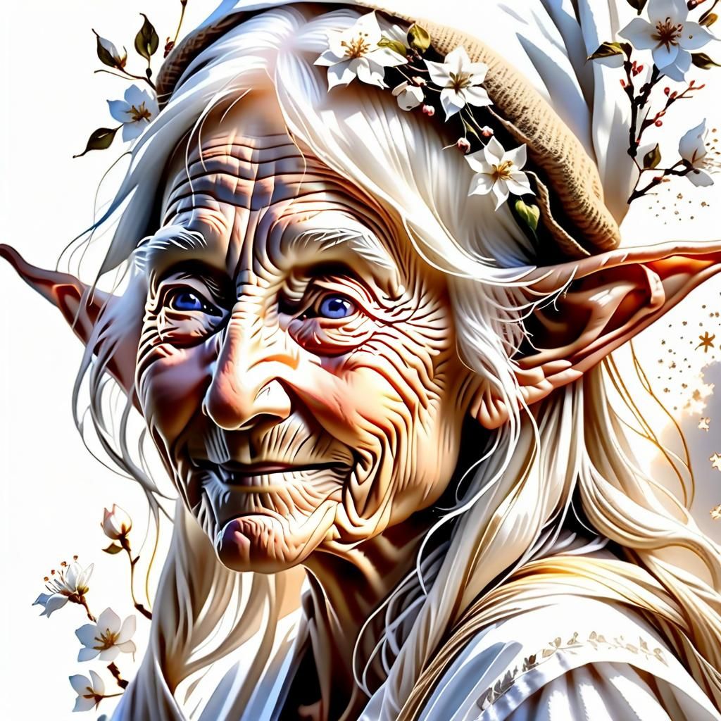 Elderly Elf Caring for Newborn in Ethereal Style