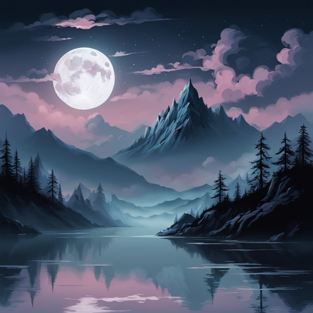 Ethereal Moonlight Over Misty Mountains