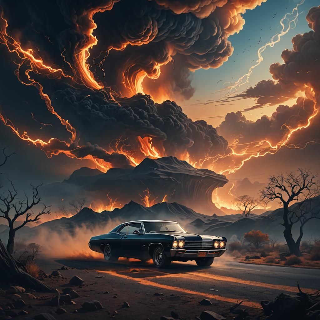 Black 1967 Impala in Wind and Smoke