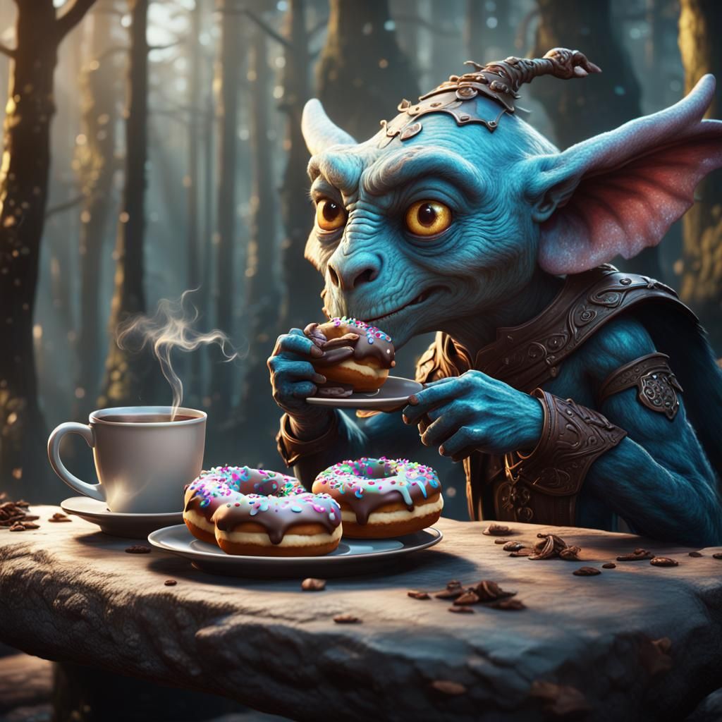Elfin Creature's Coffee and Donuts: Fantasy Art