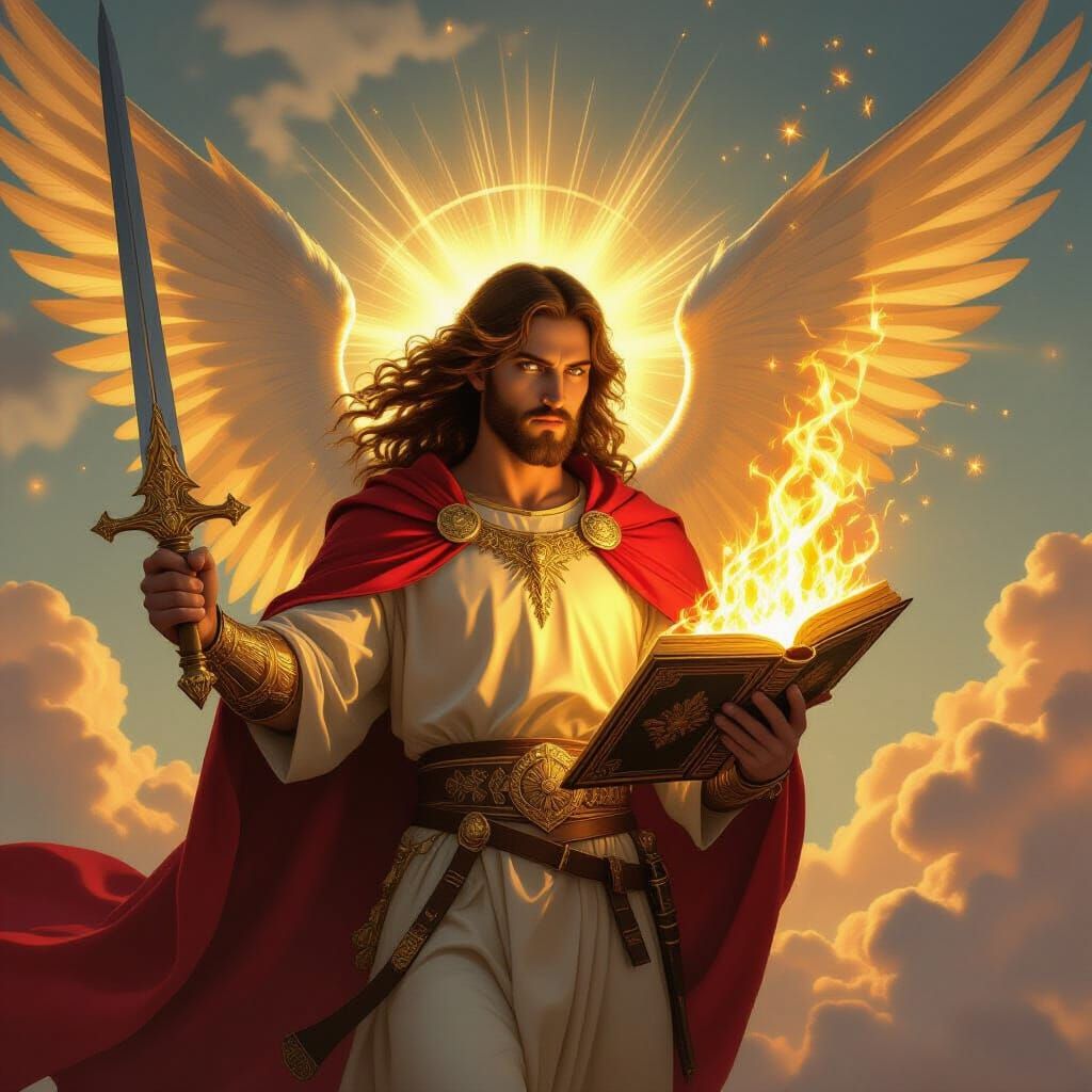 Archangel Uriel with Fiery Blade and Golden Book