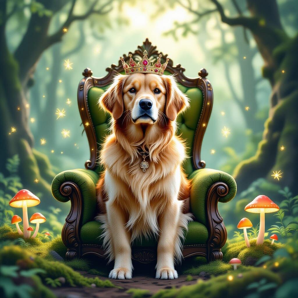 Regal Golden Retriever King on Forest Throne