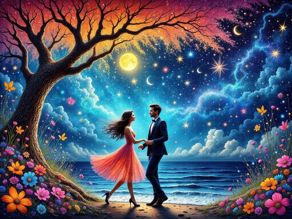 Whimsical Couple Dancing Under Starry Ink Sky