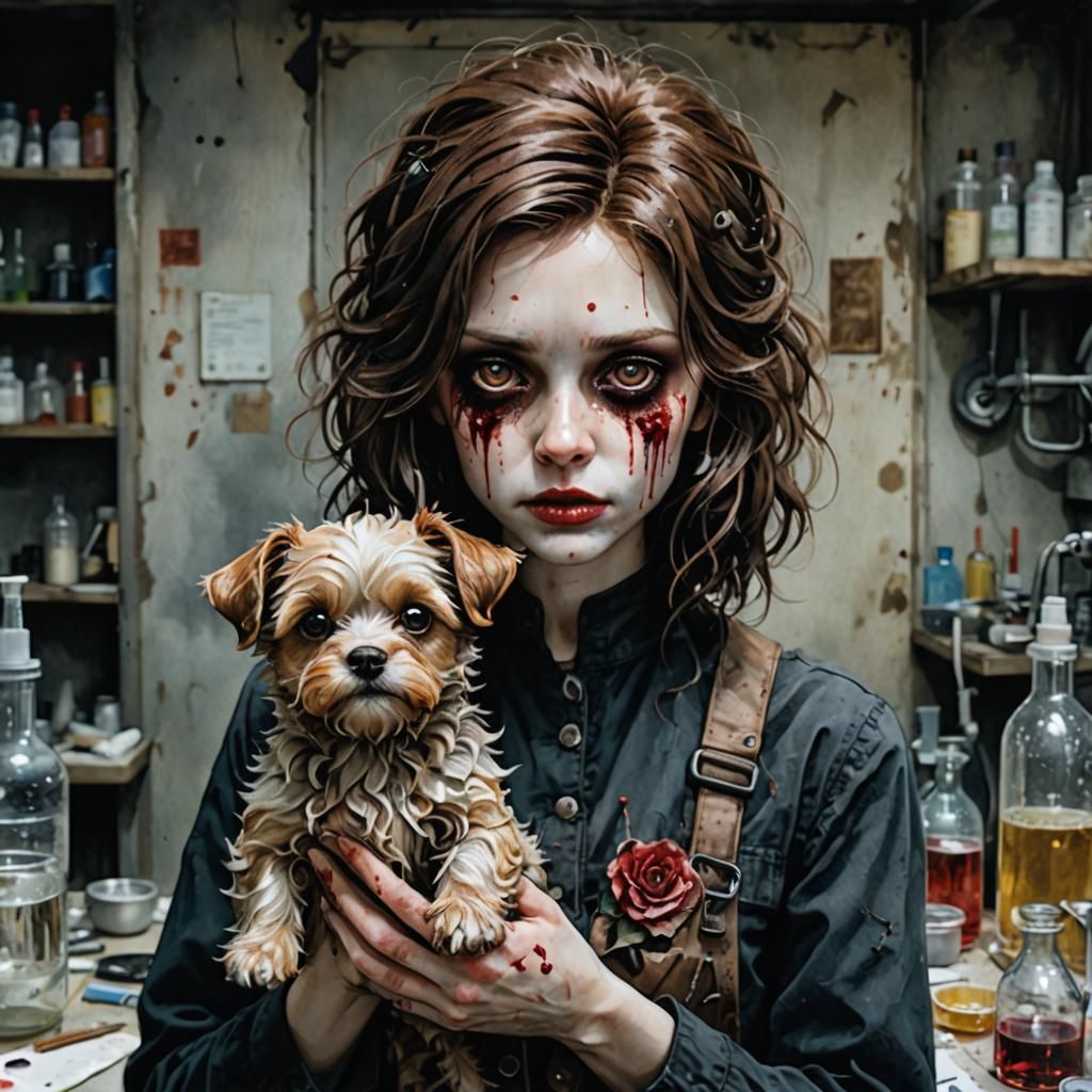 Creepy Porcelain Doll in Science Lab: Line Art