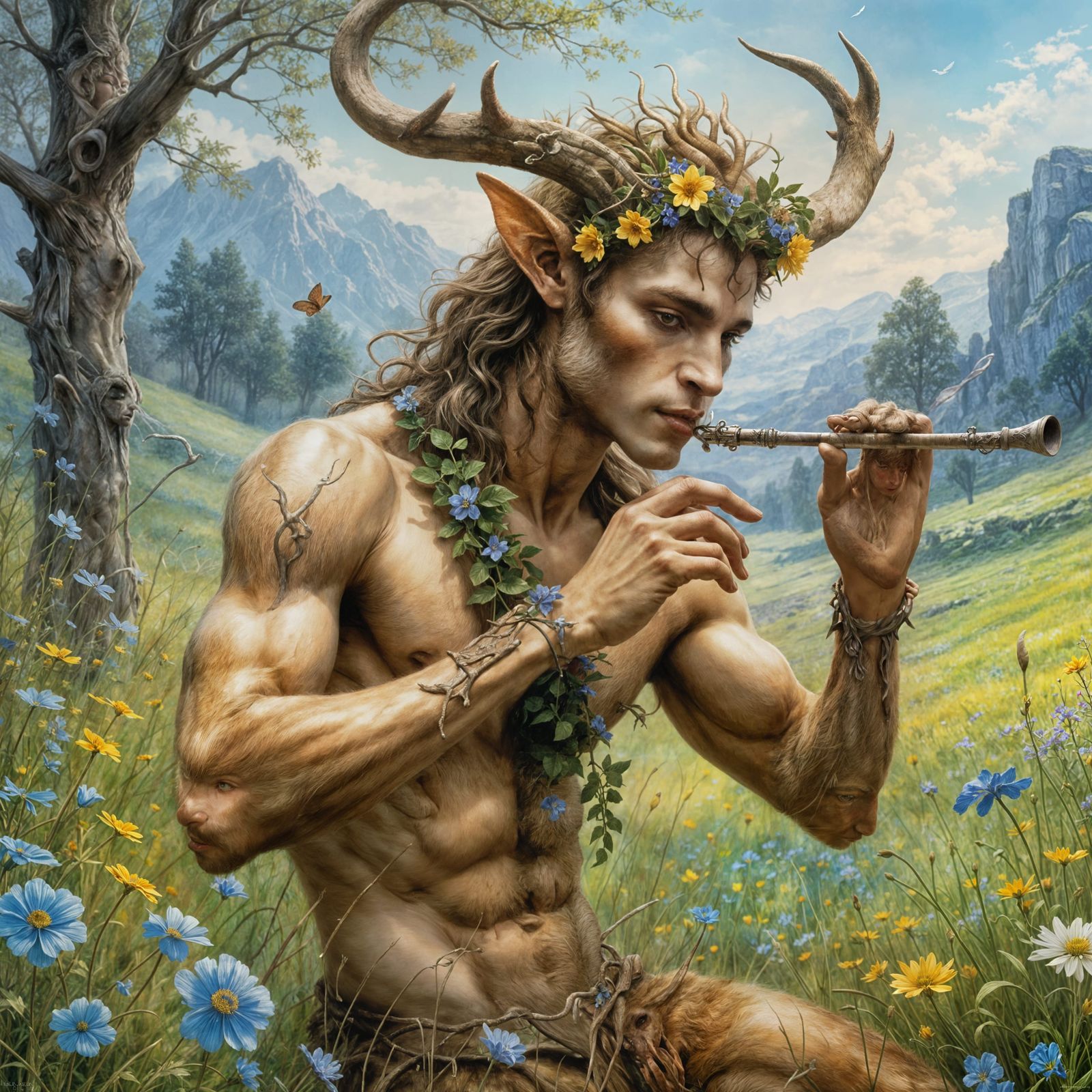 Faun Playing Flute in Flowery Meadow as Pastel Art