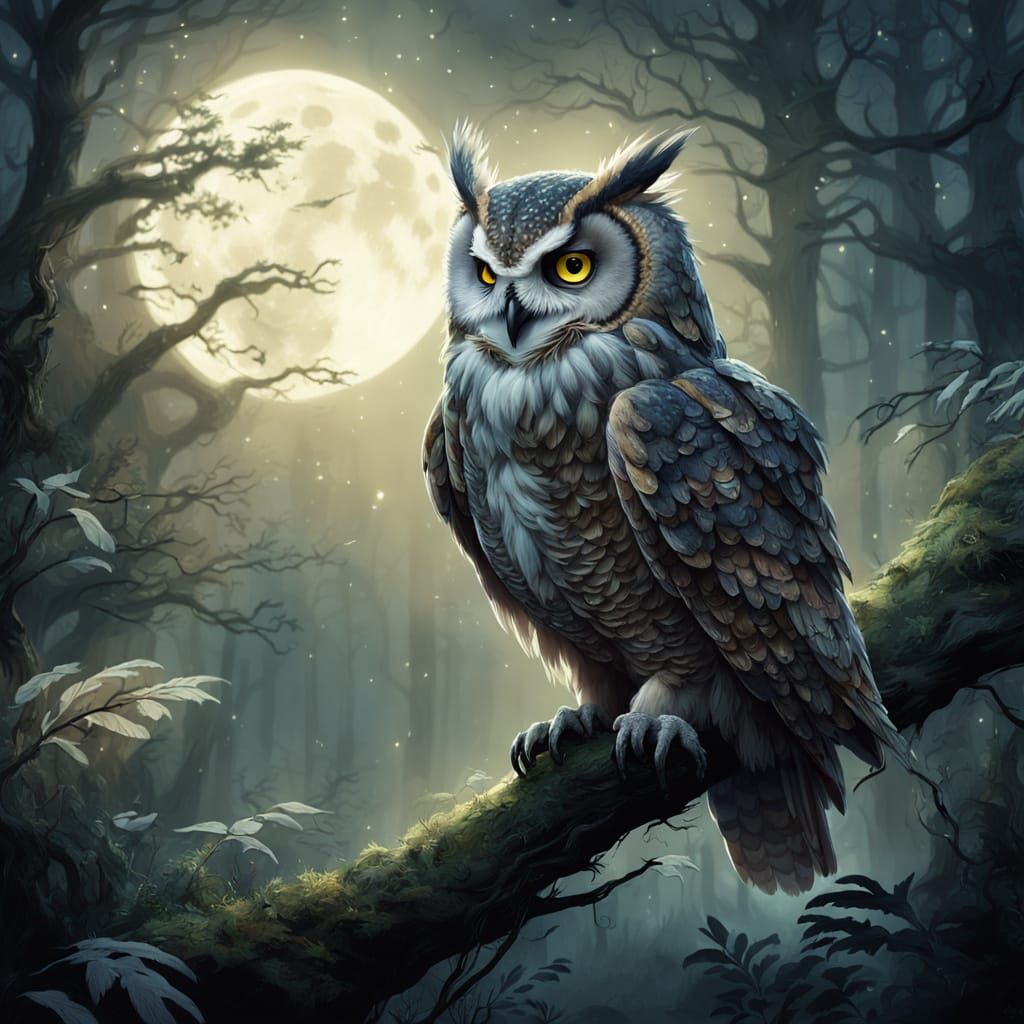 Wise Owl in Eerie Ancient Forest Concept Art