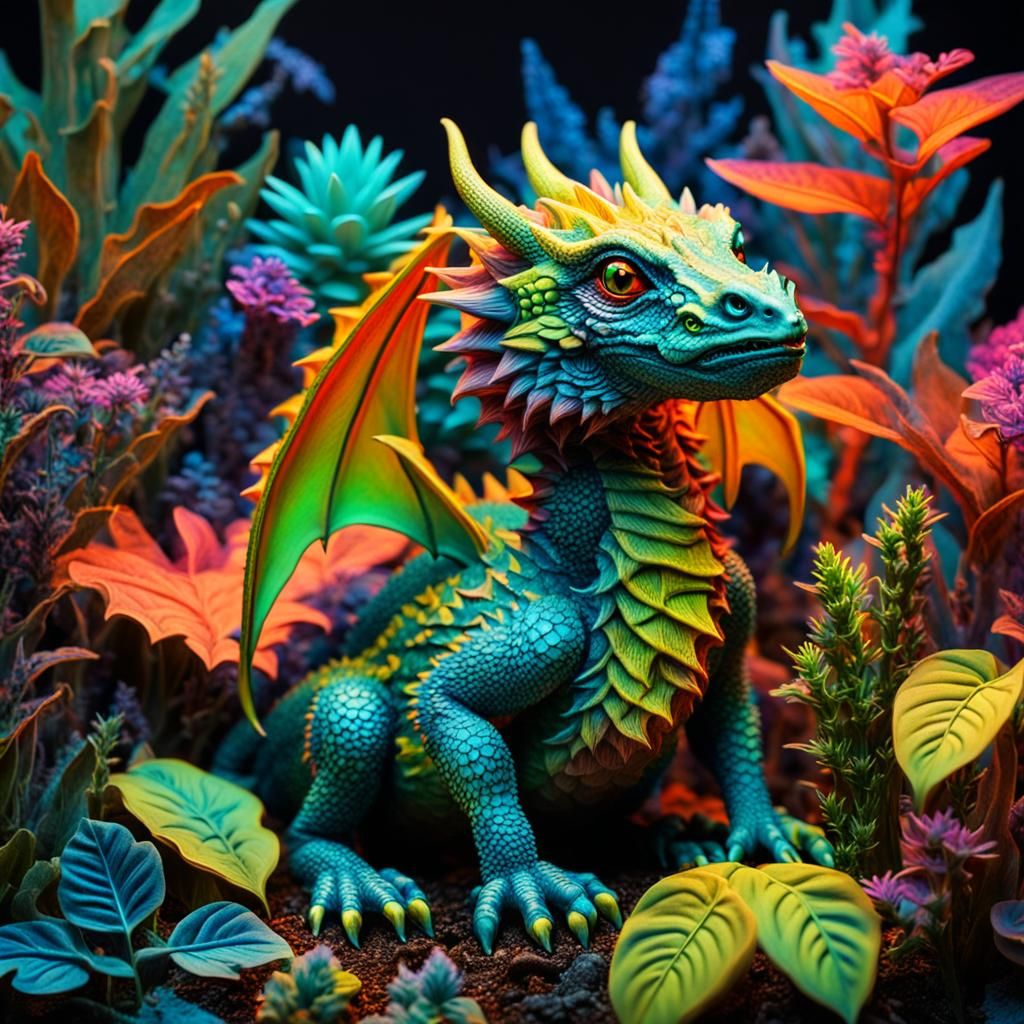 Mini Neon Dragon in Retrofuturistic Jungle