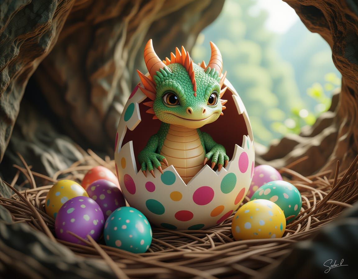 Colourful Baby Dragon Hatching From Egg in Cave
