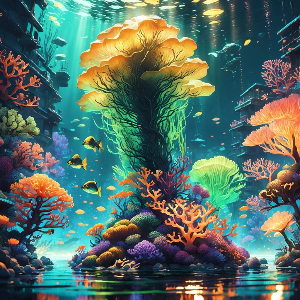 Mermaid in Bioluminescent Underwater Cyberpunk Cityscape