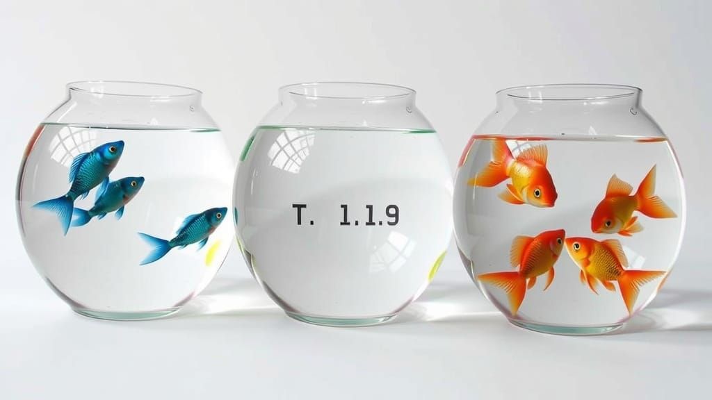 Three Fish Bowls: Blue Fish, Empty, and Goldfish