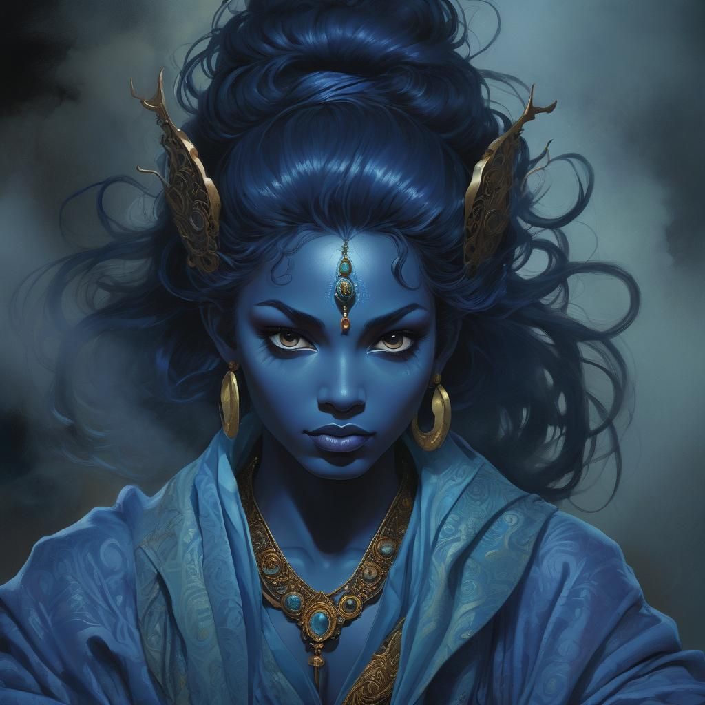 Eritrean Djinn Fairy in Blue Kimono: Comic Book Style