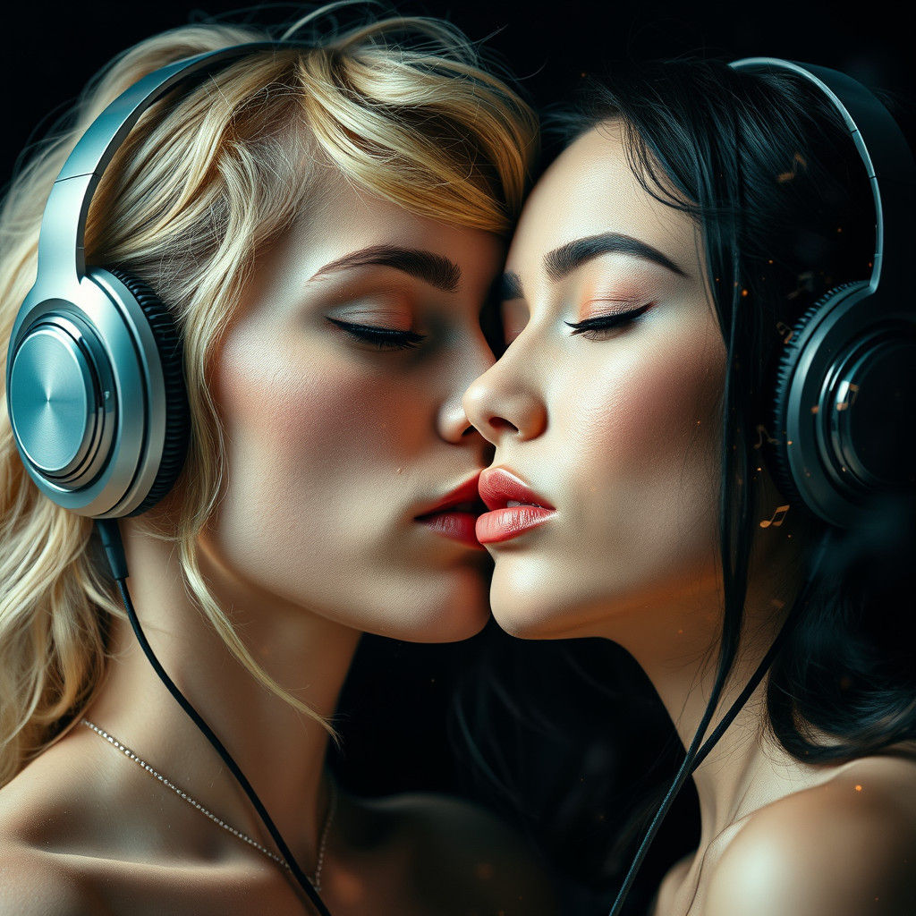 Surreal Double Exposure: Lovers Kissing with Music