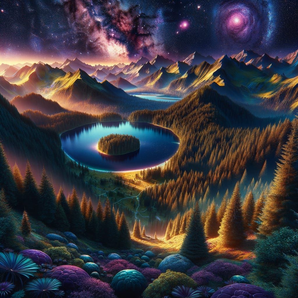 Alien Planet Lake With Forested Mountains