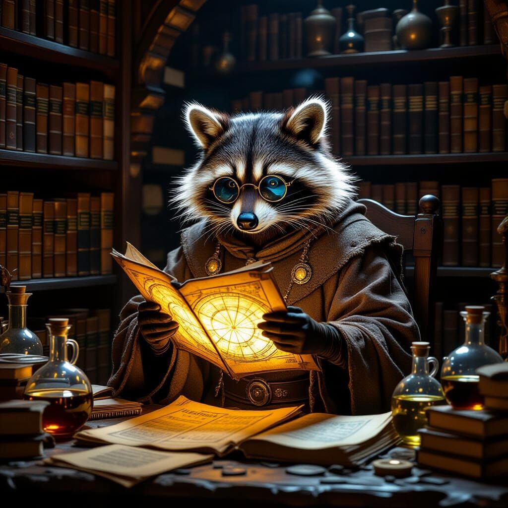 Raccoon Alchemist Studying Celestial Map