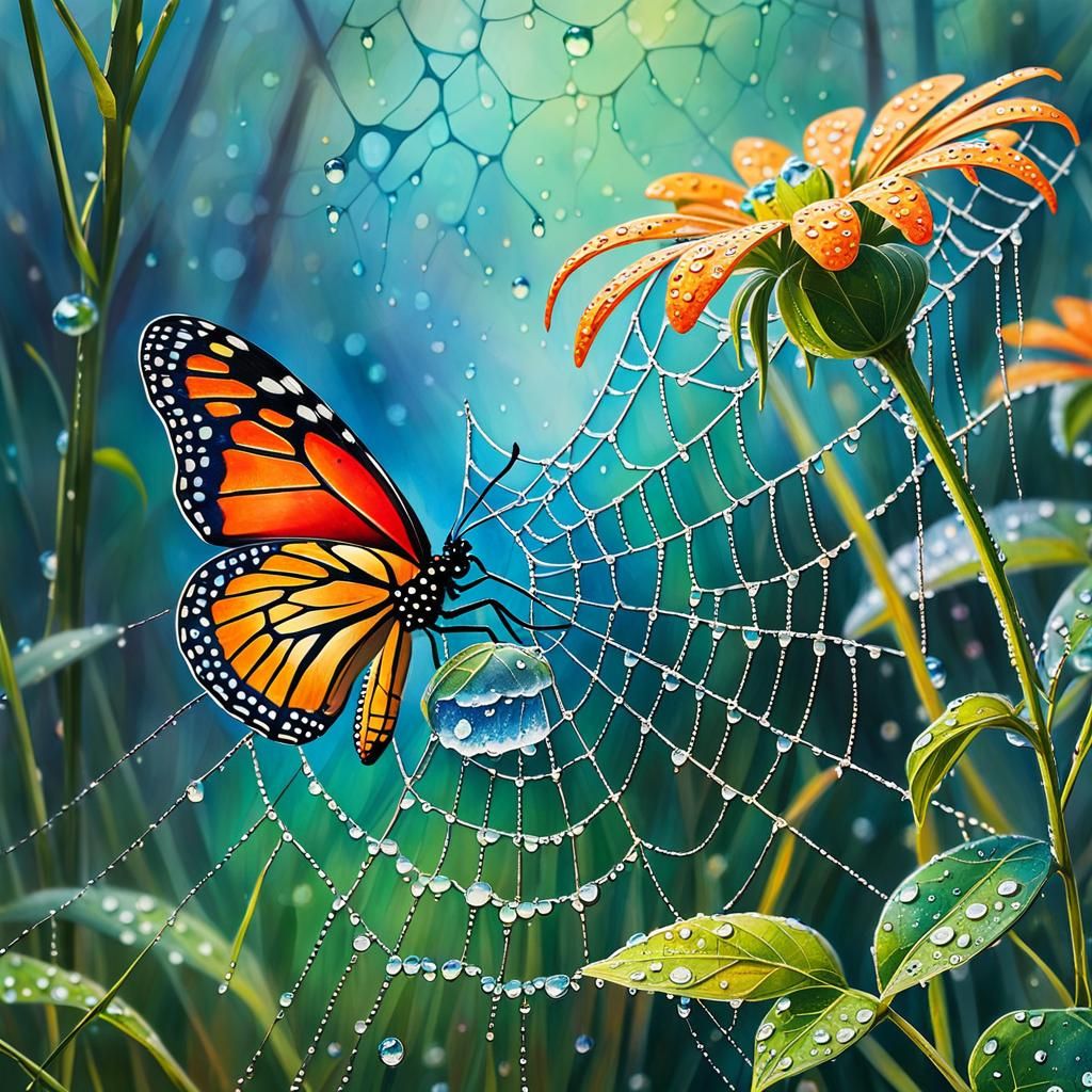 Butterfly and Dew-Kissed Web in Impressionist Style
