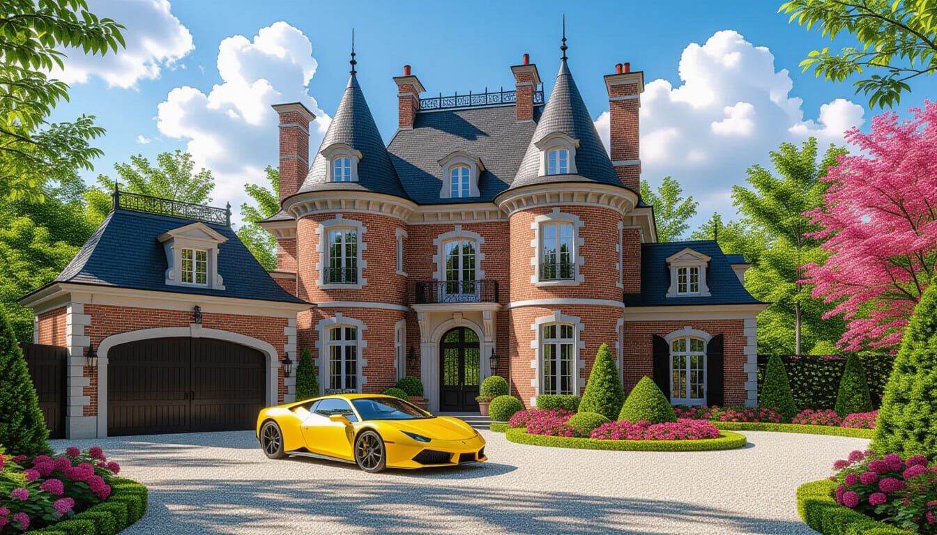 Grand Brick Chateau with Yellow Sportscar and Vibrant Garden