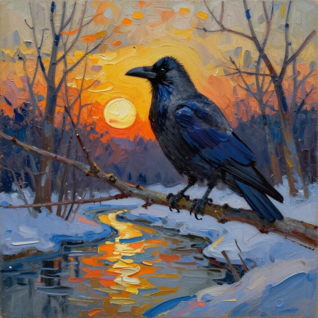 Hooded Crow on Branch in Winter Sunset, Impasto Style