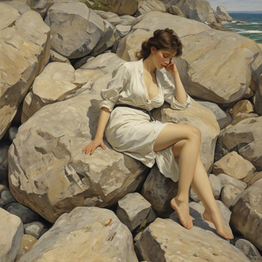 Woman on Rocks in Pre-Raphaelite Style