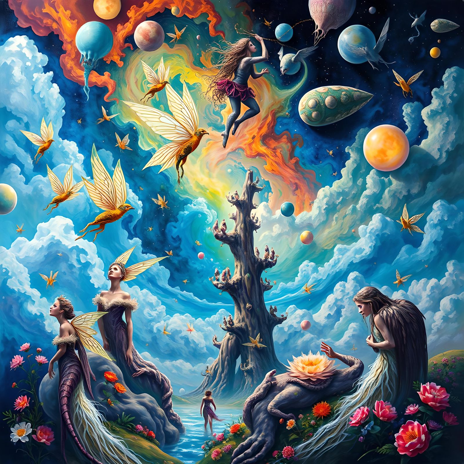 Ethereal Fairies in Surreal Dreamscape, Impasto Gouache Pain...