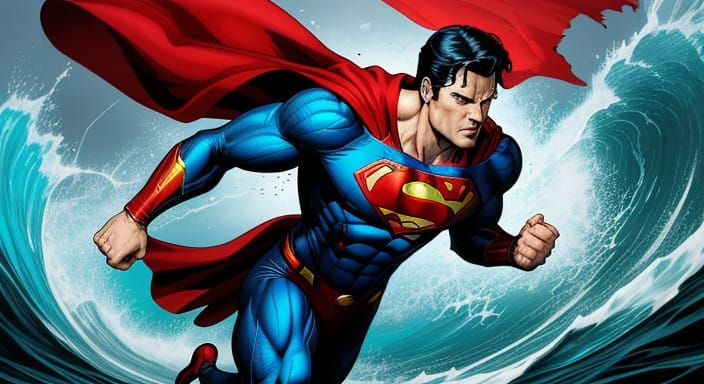 Superman in Turbulent Ocean, Dynamic Comic Book Art