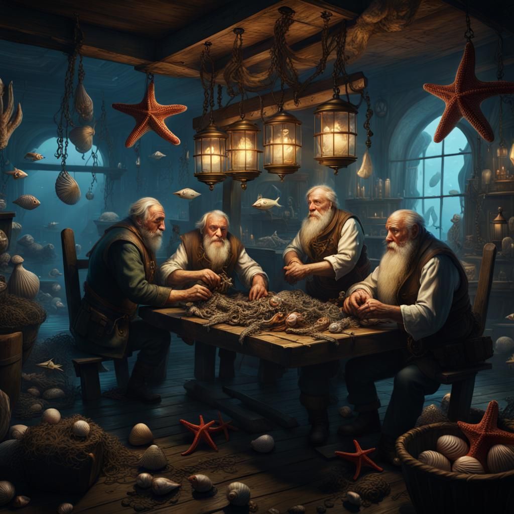 Fantastical Sea Tavern with Old Men, Detailed Digital Art