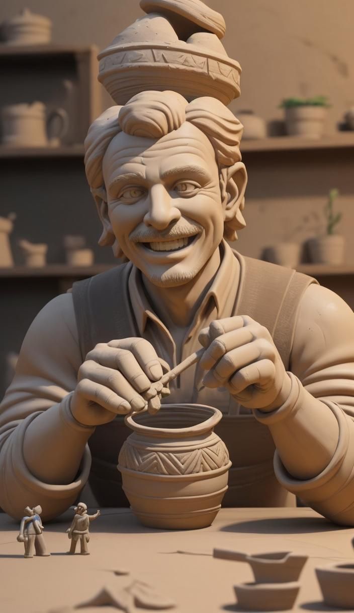 Smiling Clay Man Creates Clay Pot: 3D Render