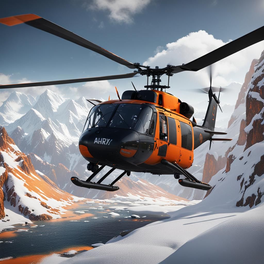 Huey Helicopter Over Snowy Mountains, Matte Painting
