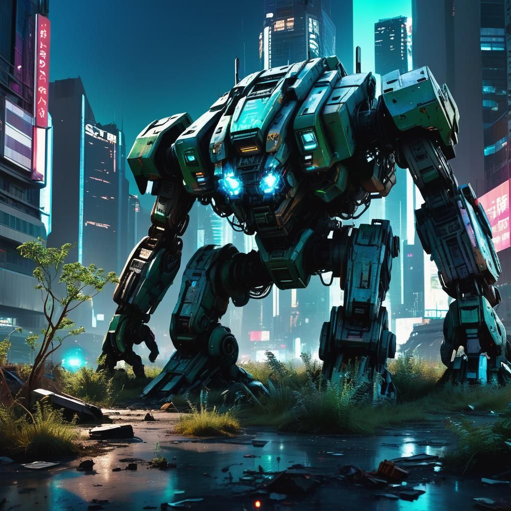 Abandoned Mech in Futuristic Cityscape: Sci-Fi Illustration