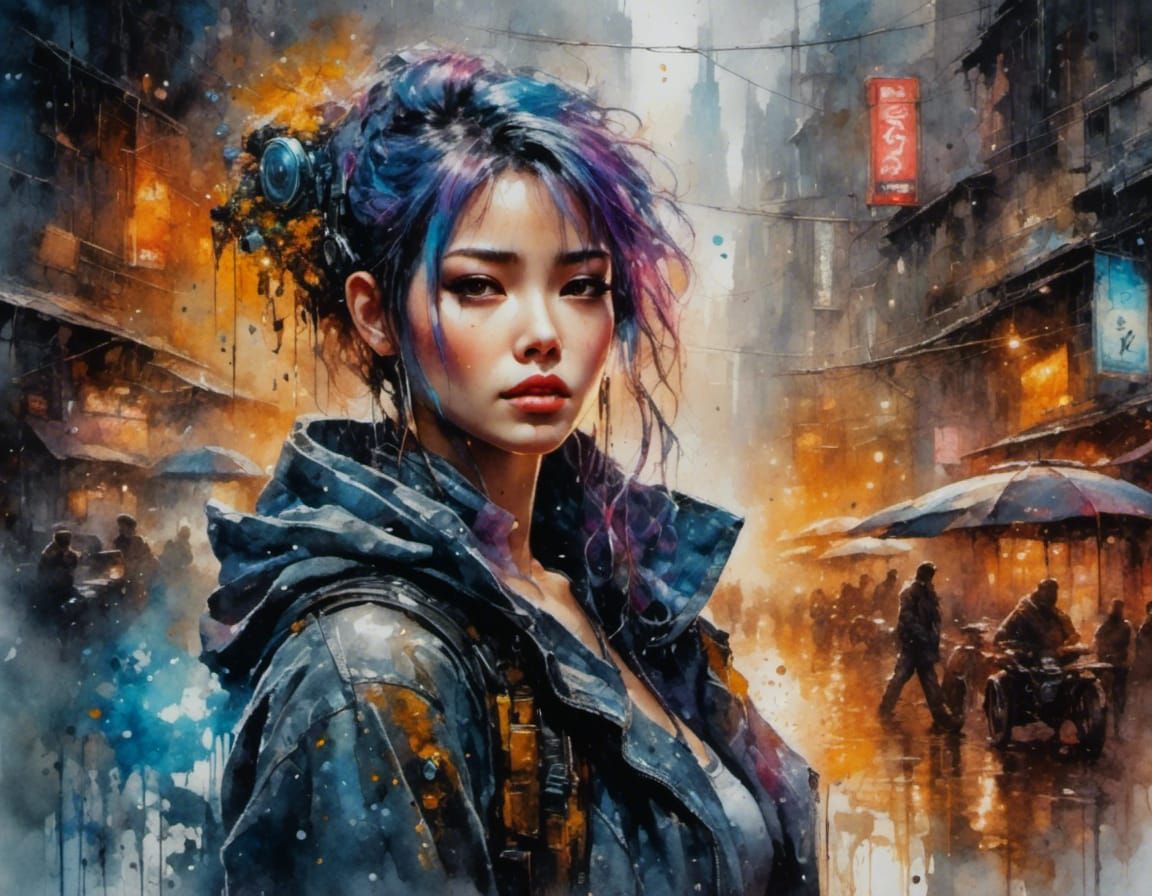 Cyberpunk Girl in Watercolor, Blade Runner World