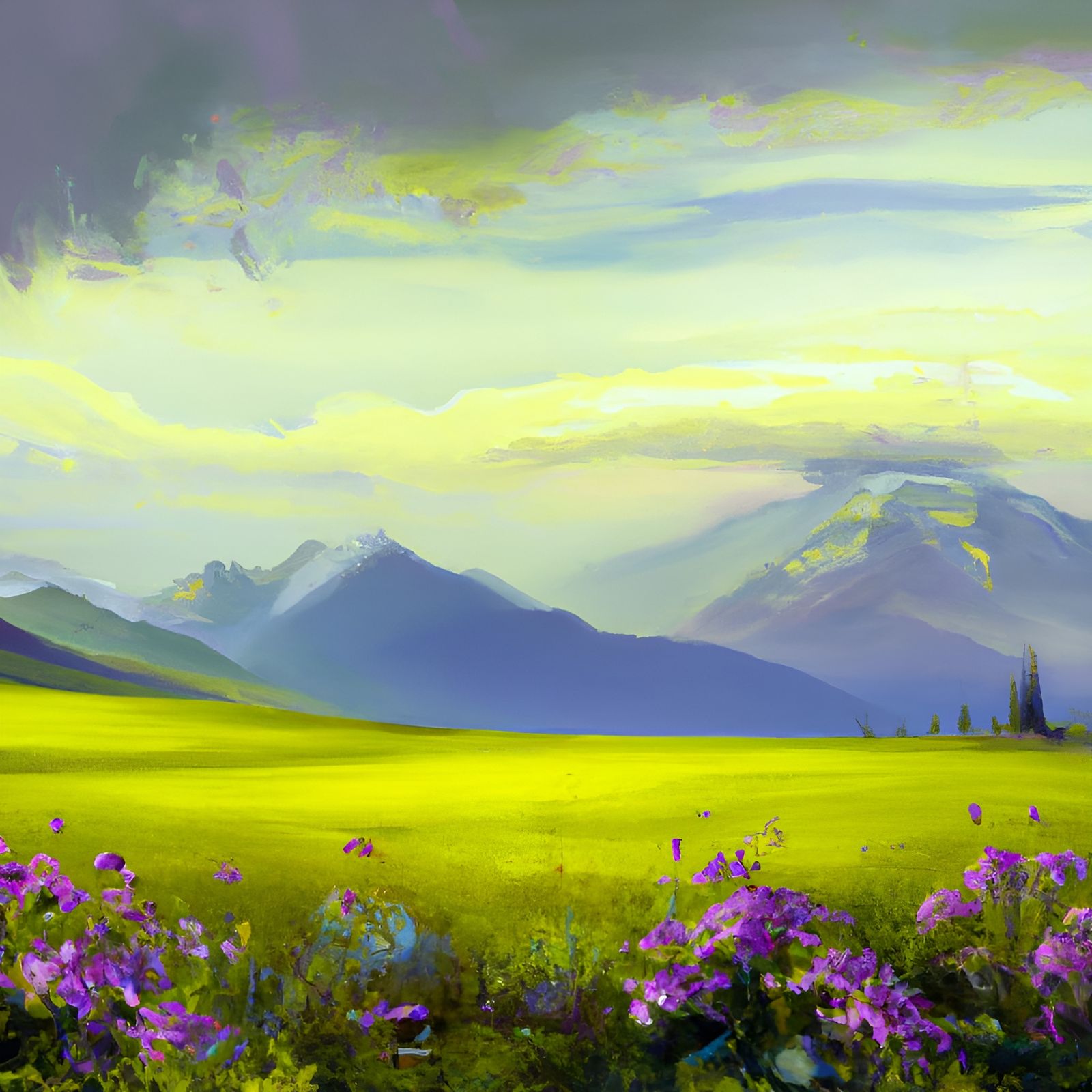 Impressionistic Mountain Landscape with Wildflowers