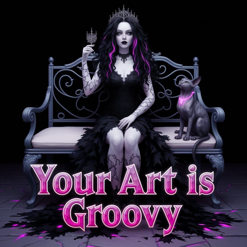 Gothic Bride with Cat and Groovy Stone Text