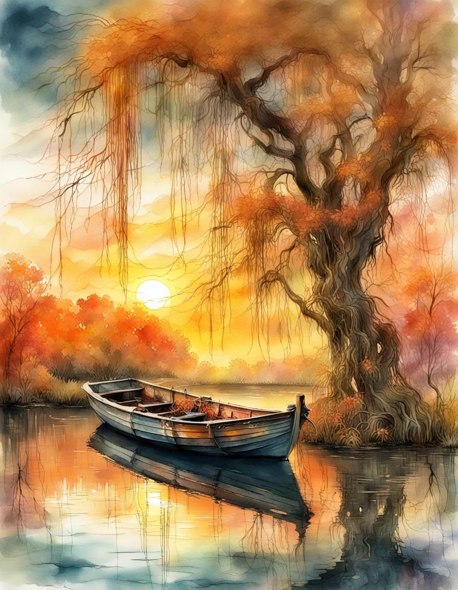 Golden Autumn Sunrise Landscape in Watercolor Style