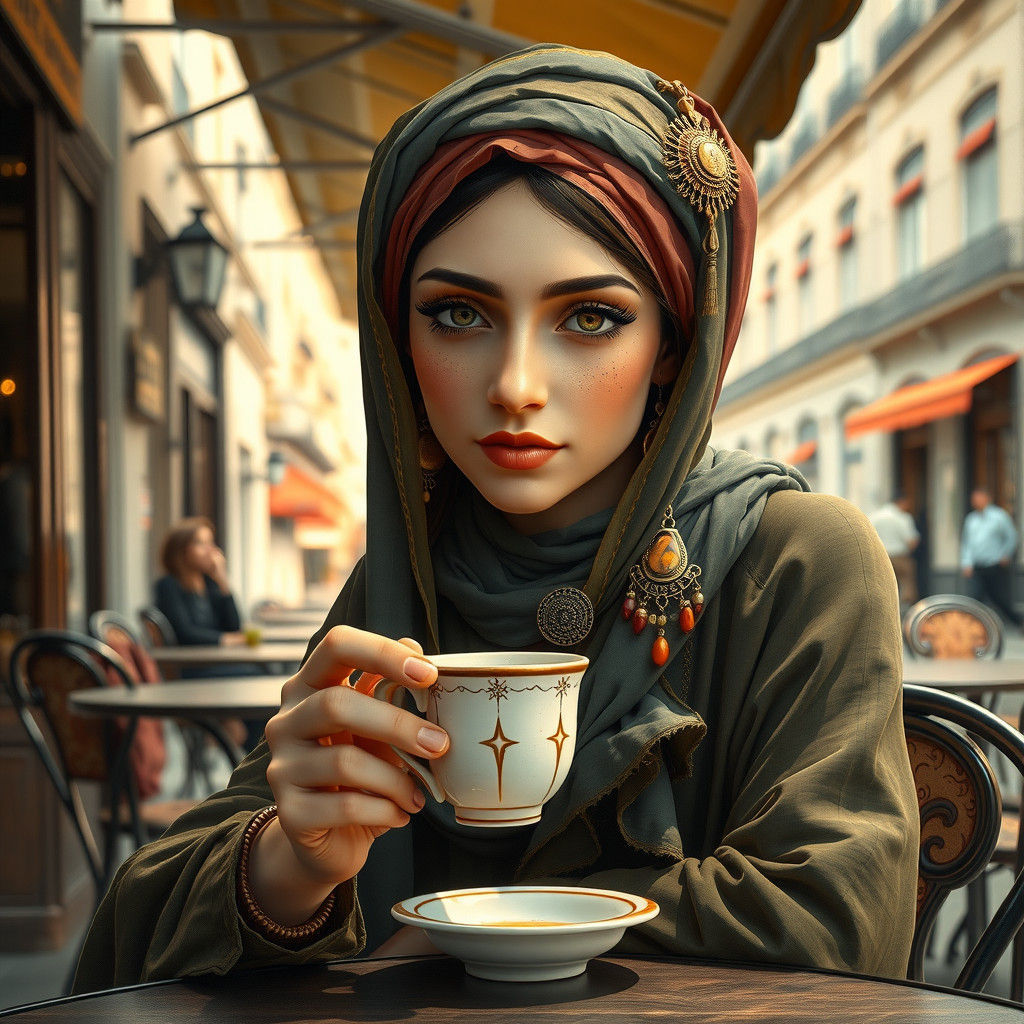 Moon Sun Face Sipping Coffee in Paris, Bohemian Style