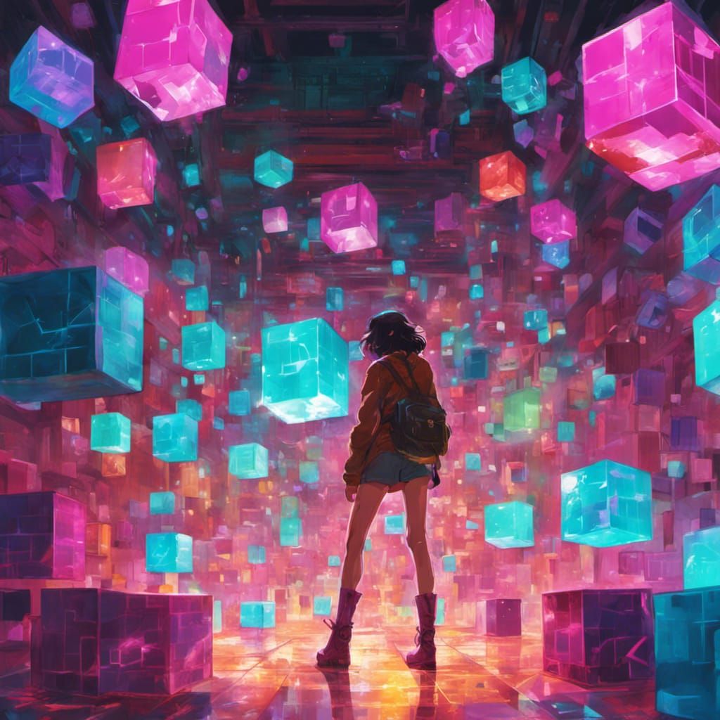 Glowing Rainbow Cube in Dungeon Interior, Digital Art