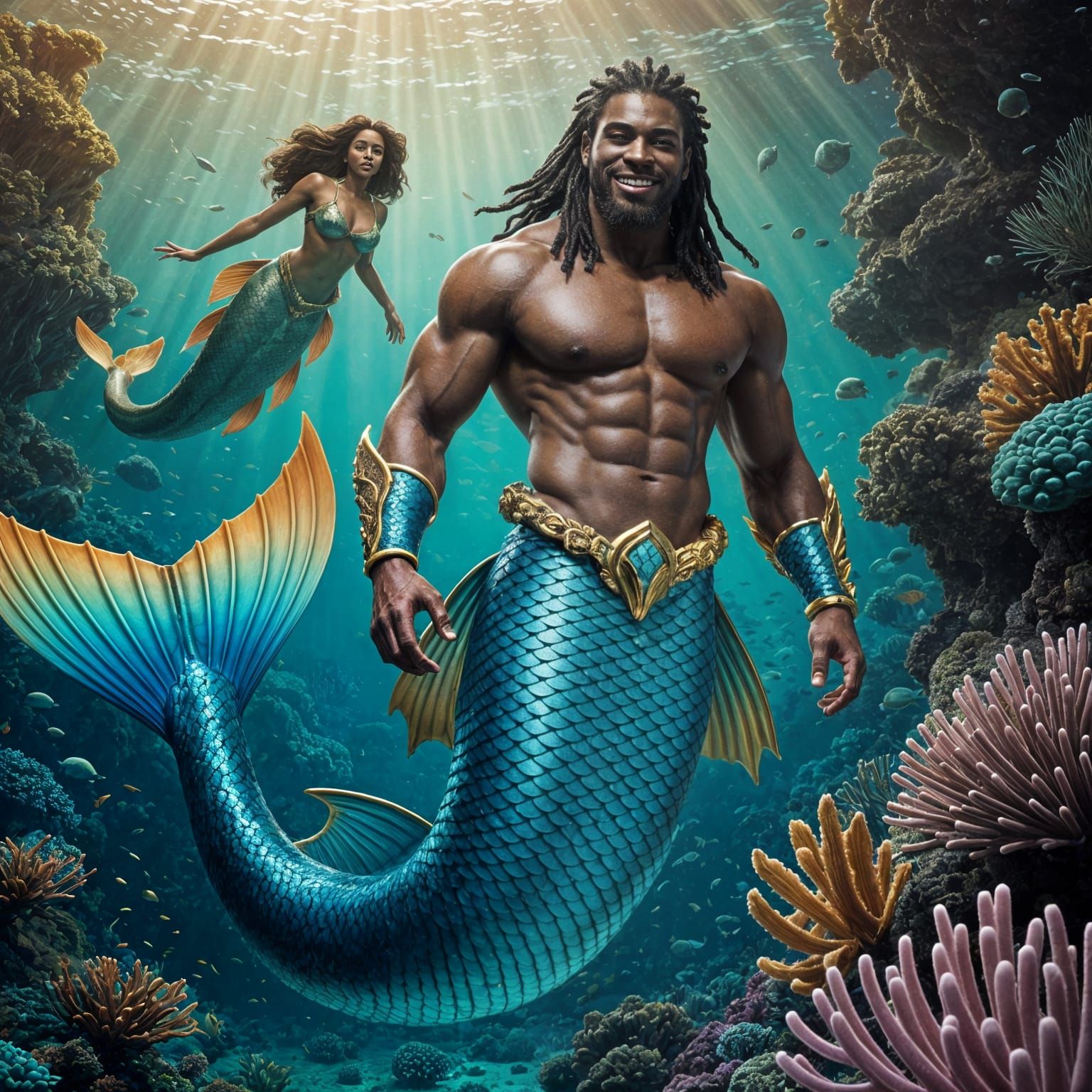 Handsome Merman in Underwater Film Still