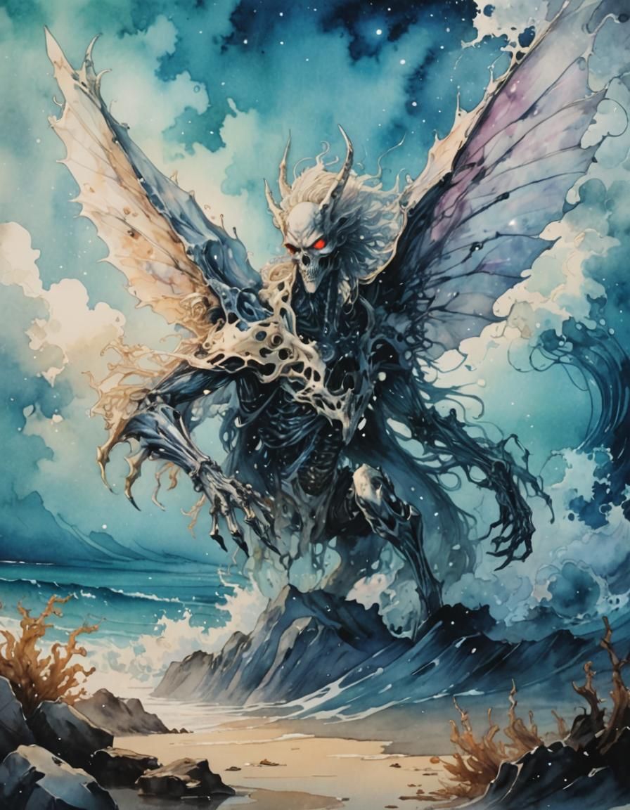 Demonic Beauty on Magical Beach: 80s Anime Watercolor