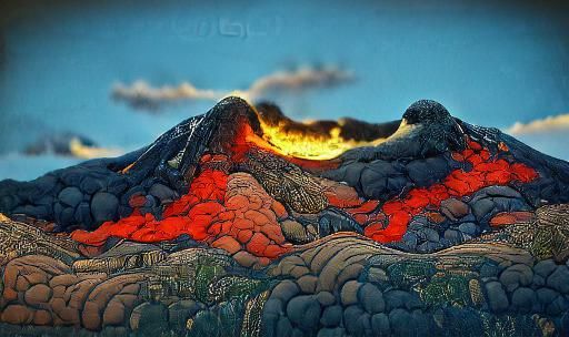 Lava Volcano Landscape Woodblock Print in Golden Hour