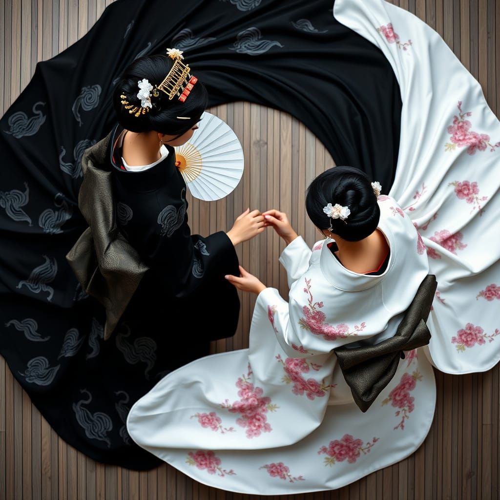 Contrasting Dancers Create Yin Yang Symbol in Elegant Japane...