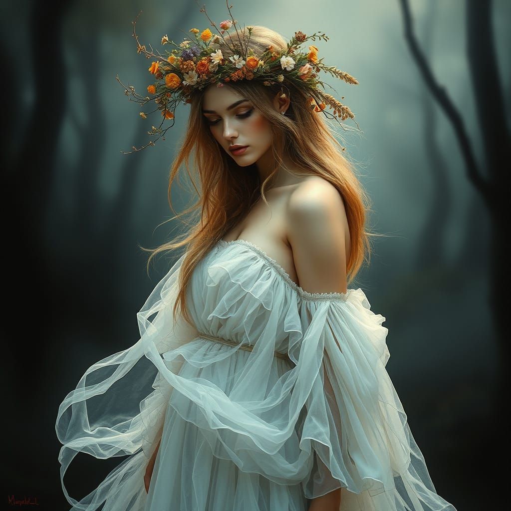 Surreal Beauty Adorned with Wildflowers in Mystical, Dreamli...