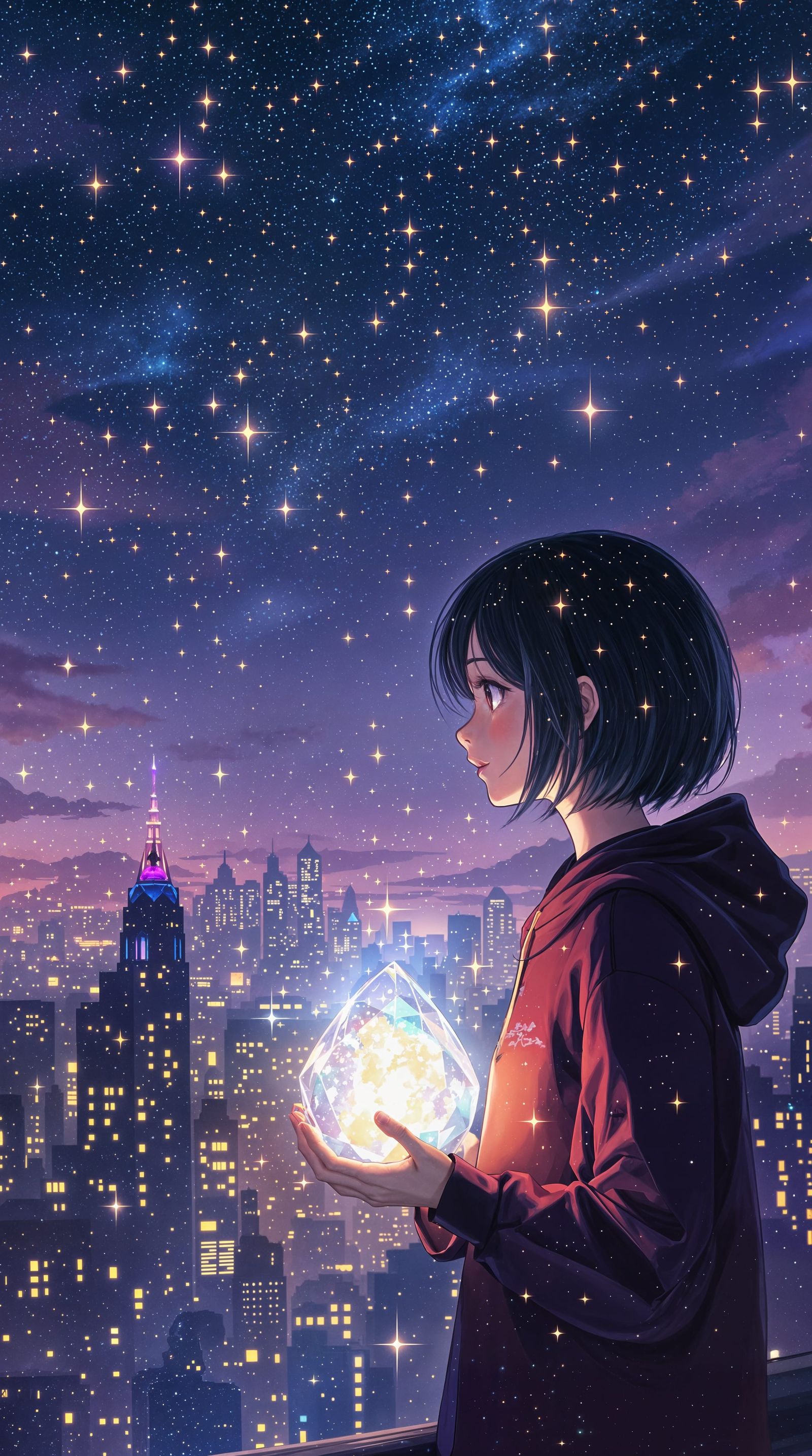 Dreamy Starlit Cityscape with Anime Girl and Glowing Crystal