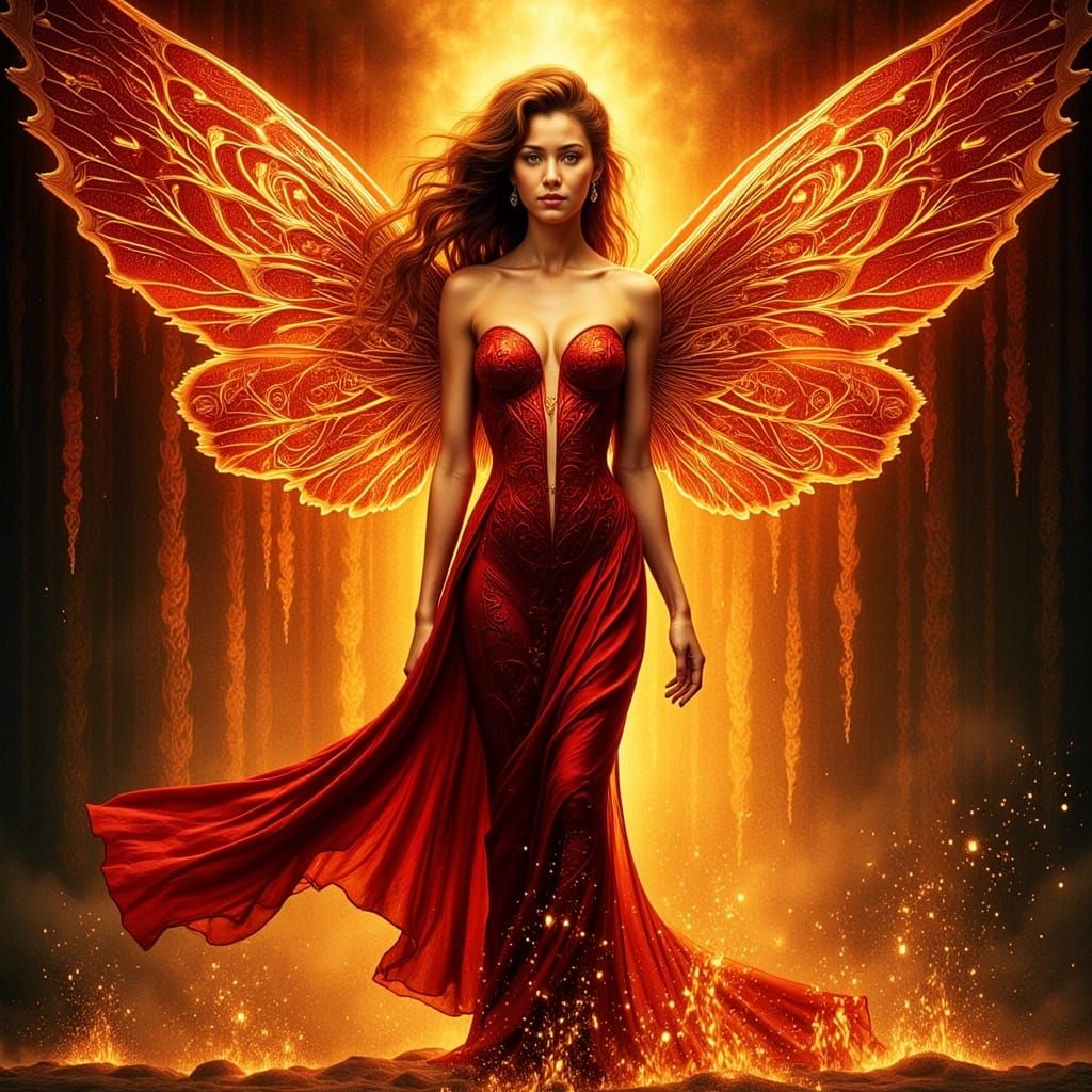 Fiery Winged Woman in Dramatic Comic Art Style