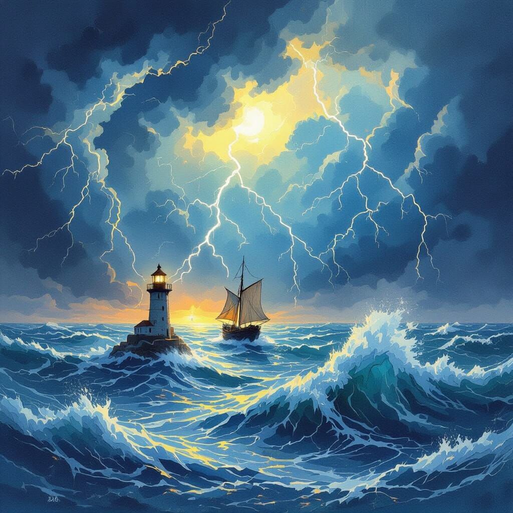 Dramatic Storm Scene with Lighthouse, Digital Watercolor Sty...